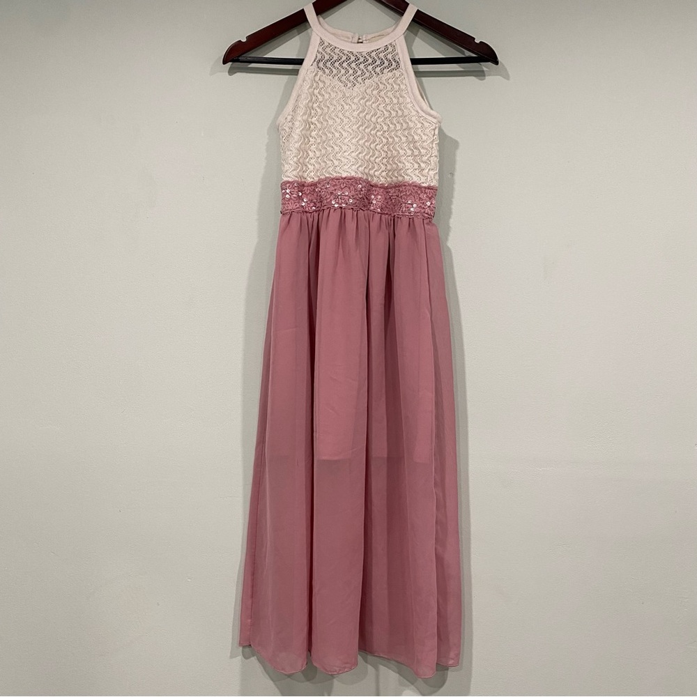 Lily Bleu Sleeveless Halter Full Length Mesh Skirt Dress Pink Girls Size 10